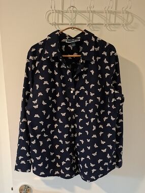 Karen Scott Navy & White Ditsy Butterfly Print Button-down Shirt (Size PXL)